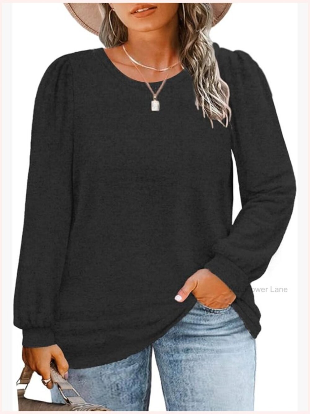 Plus Size Crew Neck Puff Sleeve Shirt with Kangaroo Pocket